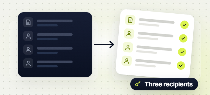SEO audit one report and three people rows moving to a checked list, three recipients