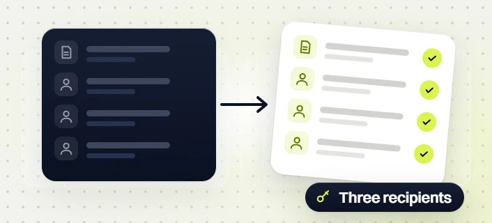 SEO audit one report and three people rows moving to a checked list, three recipients