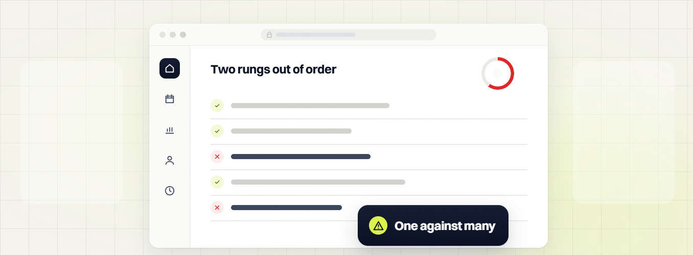 SEO audit Two rungs out of order checklist with two failed rows and a red ring, one against many