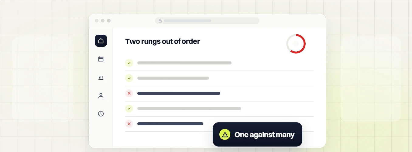 SEO audit Two rungs out of order checklist with two failed rows and a red ring, one against many