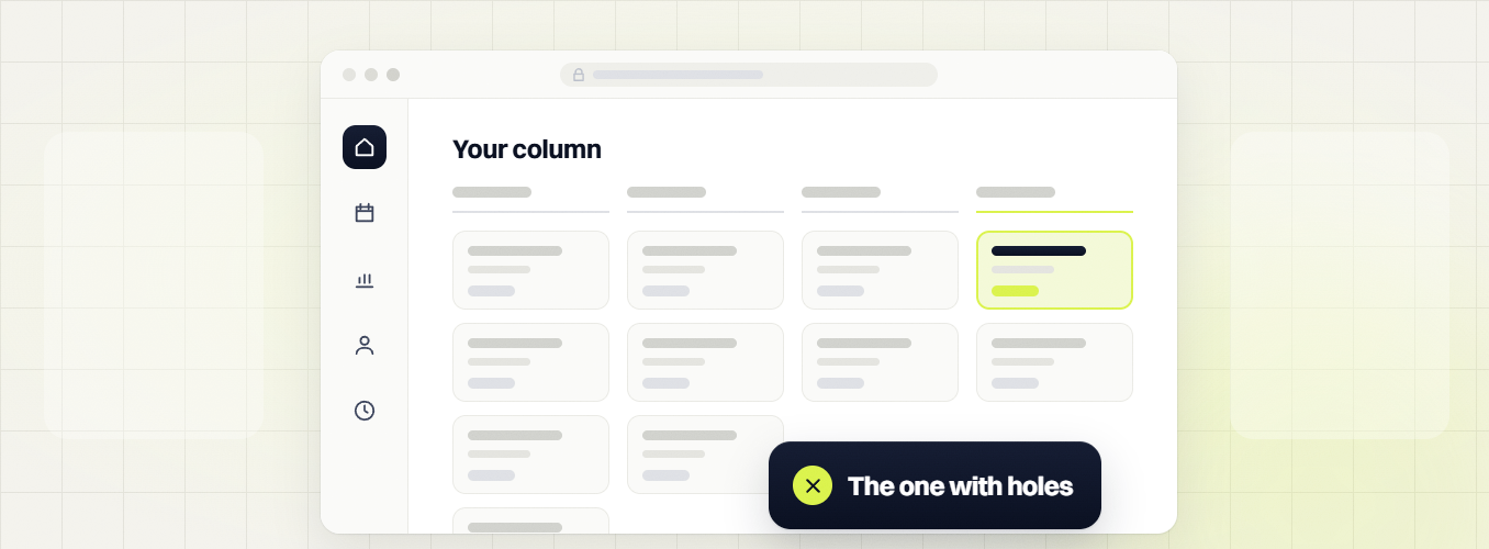 SEO audit Your column board in four columns with one highlighted card, the one with holes