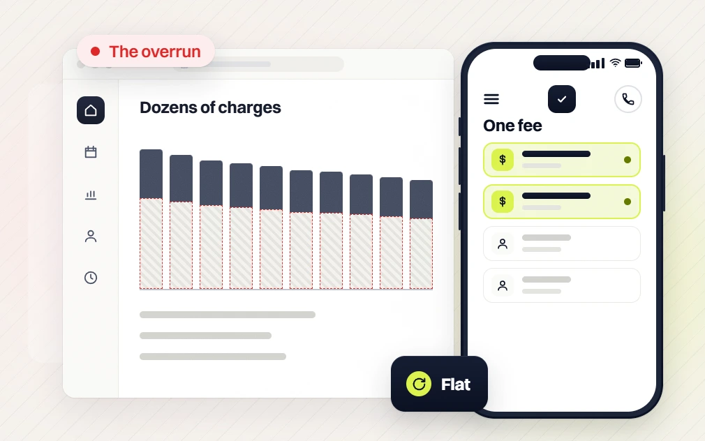 SEO package price Dozens of charges bar chart flagged the overrun beside a phone One fee list, flat