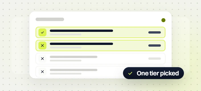 SEO package price list of four tiers with one checked and the rest declined, one tier picked
