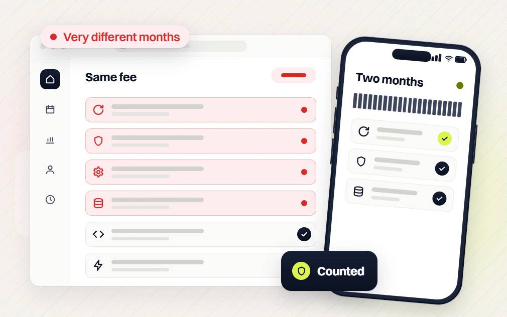SEO package price Same fee list flagged very different months beside a phone Two months view, counted
