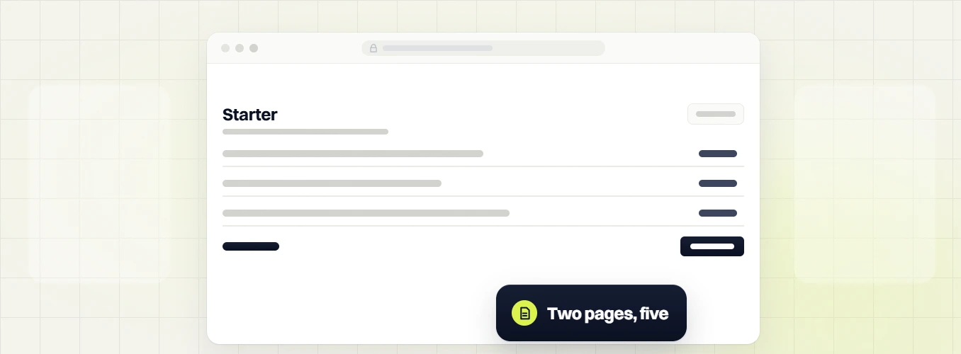 SEO package price Starter tier table with three rows, two pages, five