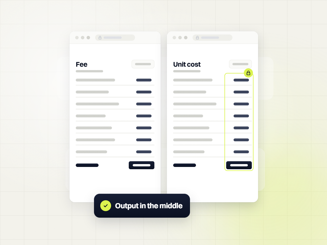 SEO packages Fee table beside a locked Unit cost table, output in the middle
