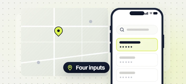 SEO packages for small business map pin beside a phone search with the top five star listing, four inputs