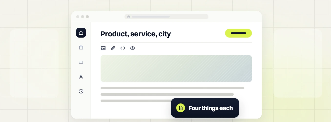 SEO packages for small business Product, service, city page editor with image and link tools, four things