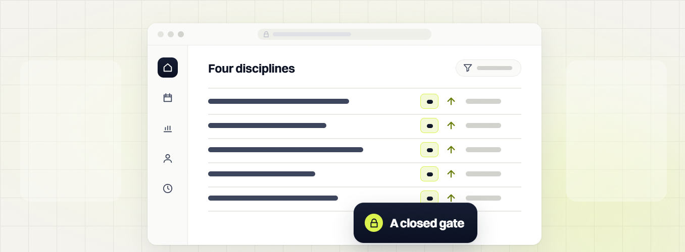 SEO packages Four disciplines table with five rows and upward arrows, a closed gate