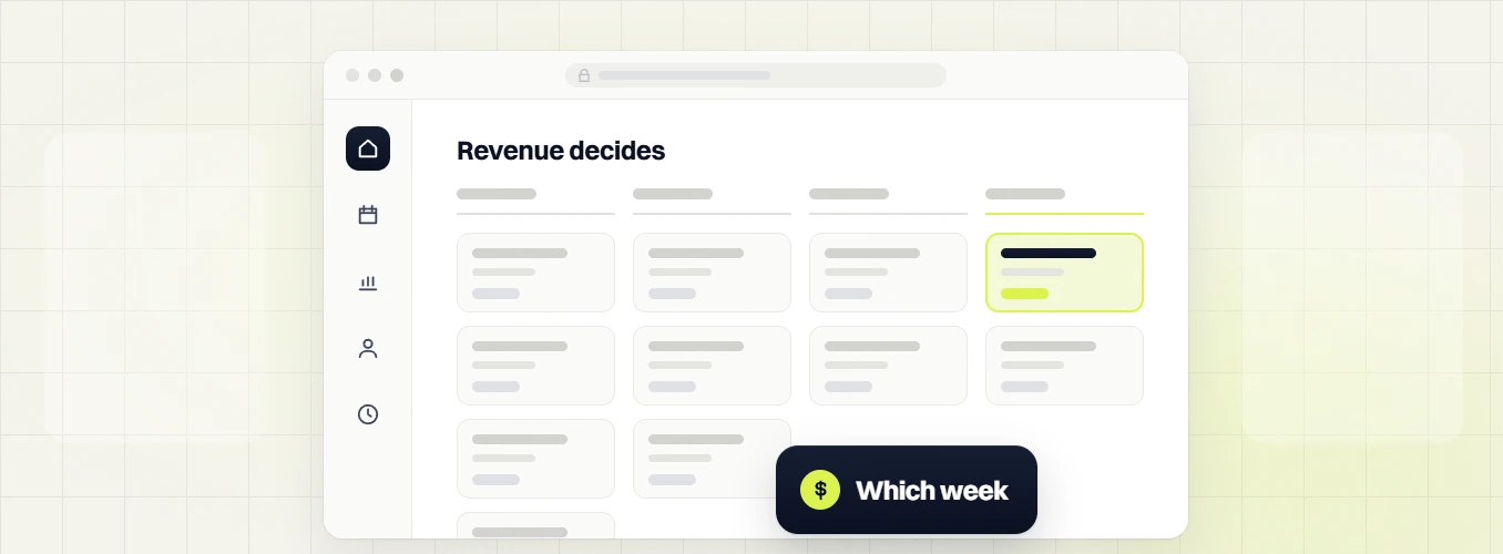 SEO packages Revenue decides board in four columns with one highlighted card, which week