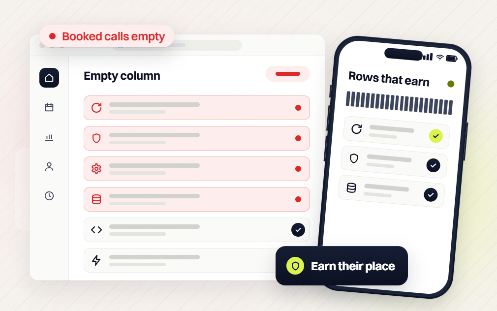 SEO packages Empty column list flagged booked calls empty beside a phone Rows that earn view
