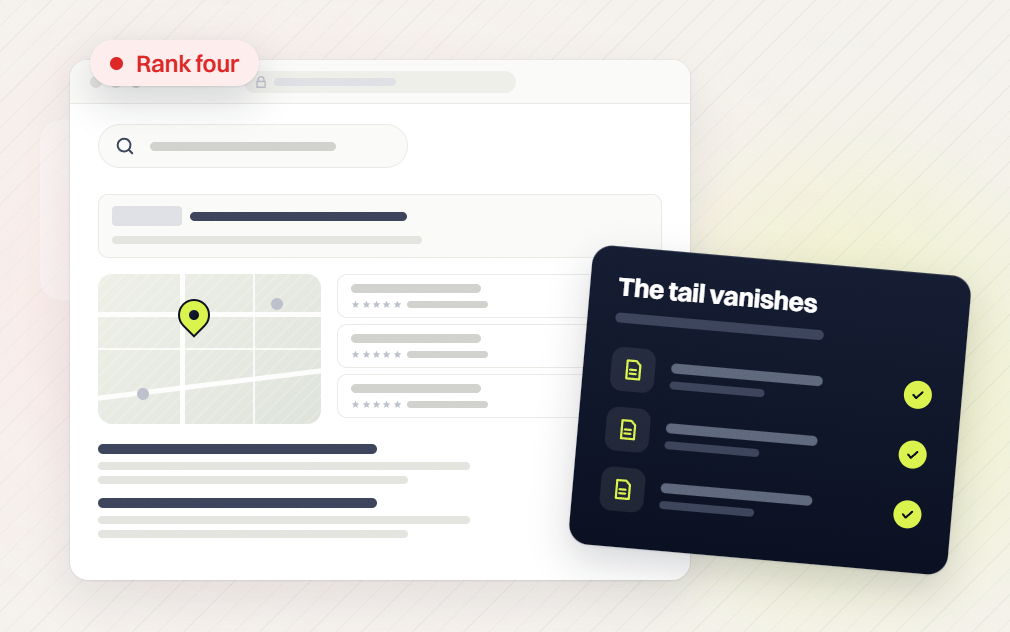 SEO packages map search page flagged rank four beside a The tail vanishes card of checked pages