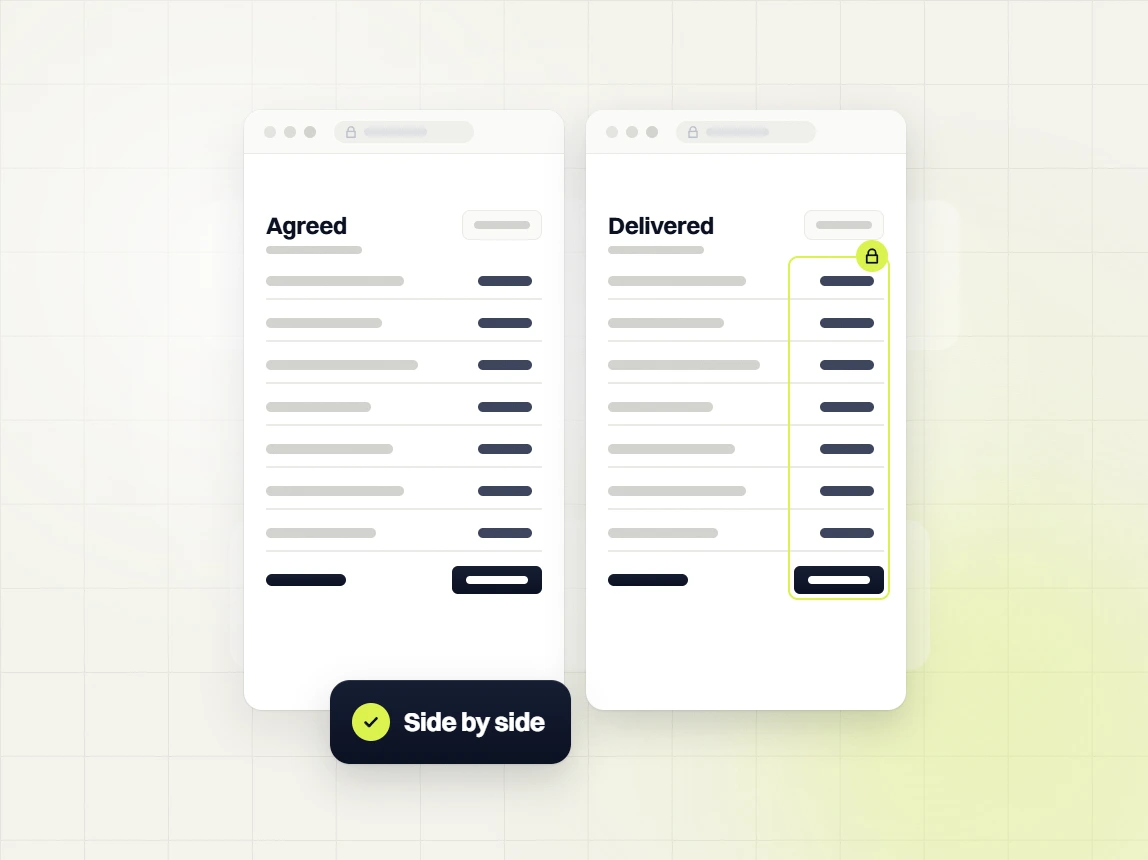 SEO services packages Agreed table beside a Delivered table with a locked column, side by side