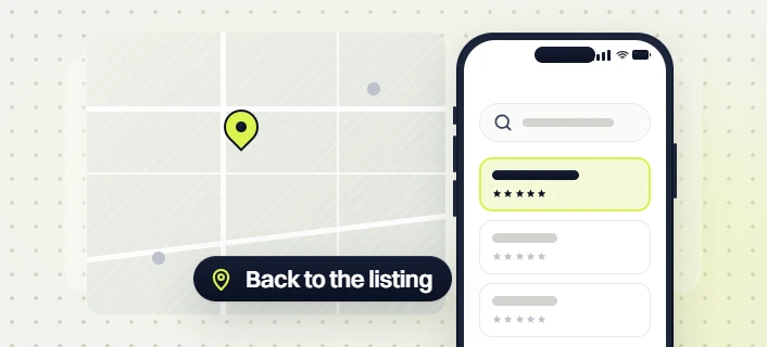 Small business web design map pin beside a phone search with the top five star listing, back to the listing