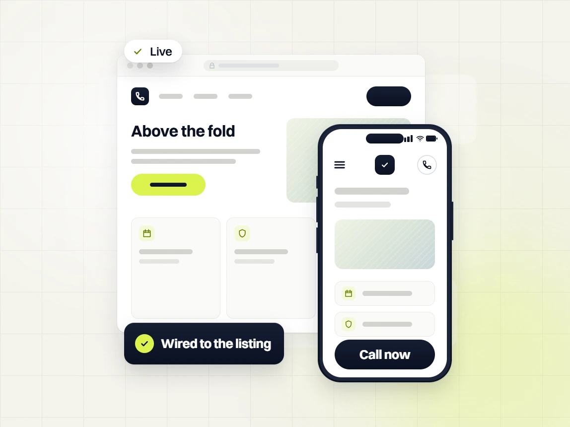 Small business web design Above the fold page marked live beside a phone with a Call now button