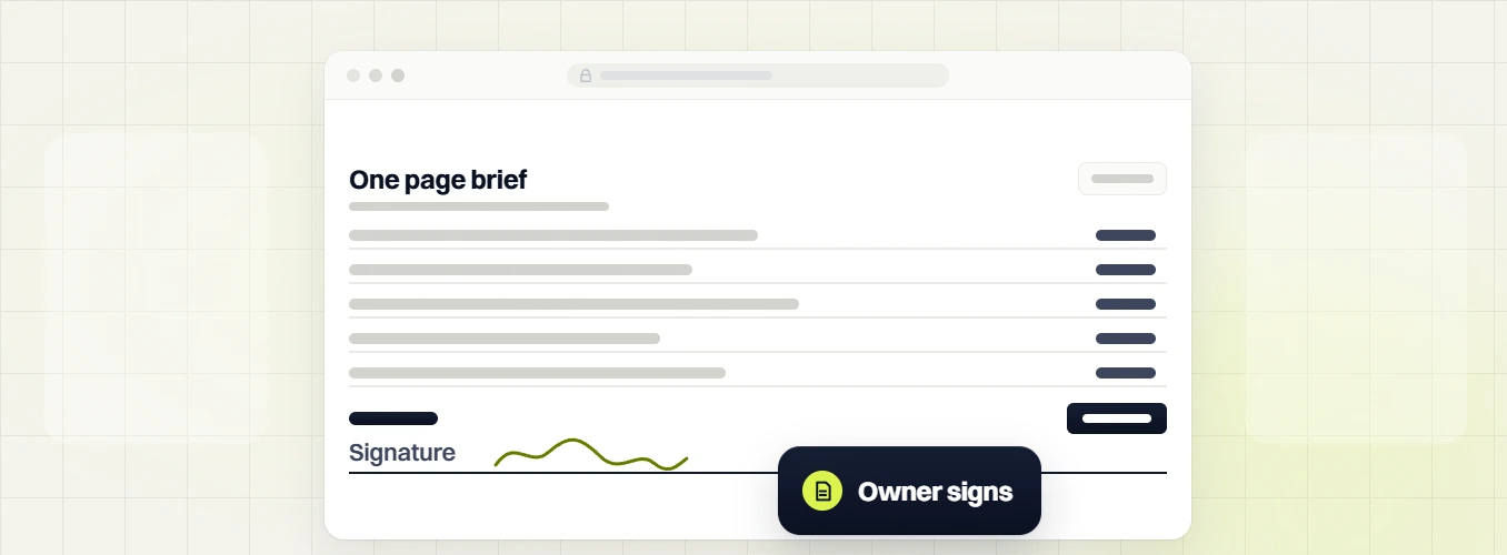 Small business web design One page brief with five rows and a signature line, owner signs