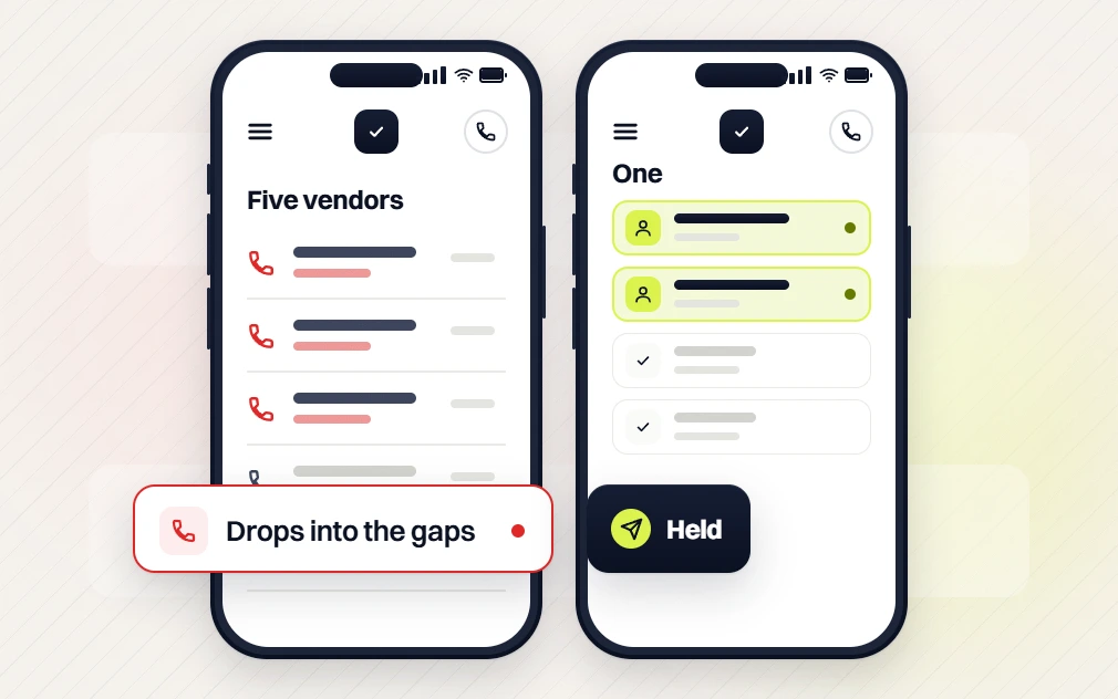 Small business web design phones comparing Five vendors where work drops into the gaps with One, held