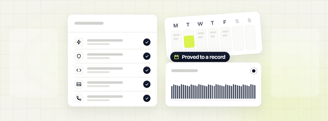 Small business web design five checked items beside a calendar and uptime bars, proved to a record
