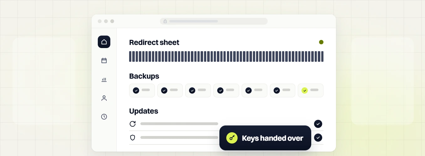 Small business web design services Redirect sheet panel with seven checked backups, keys handed over