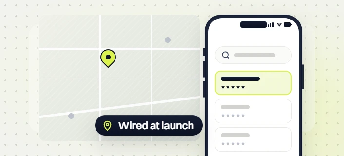 Small business web design services map pin beside a phone search with the top five star listing, wired at launch