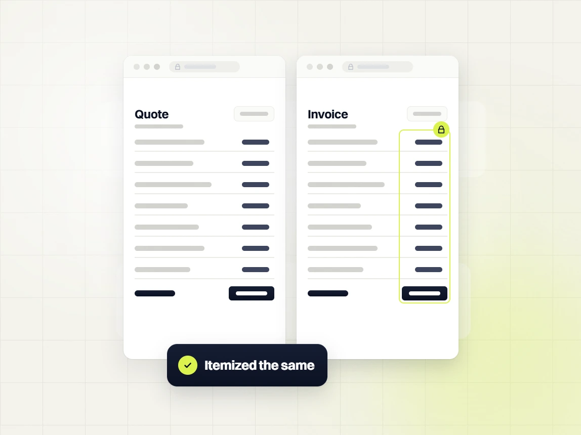 Small business website packages Quote beside an Invoice with a locked amount column, itemized the same