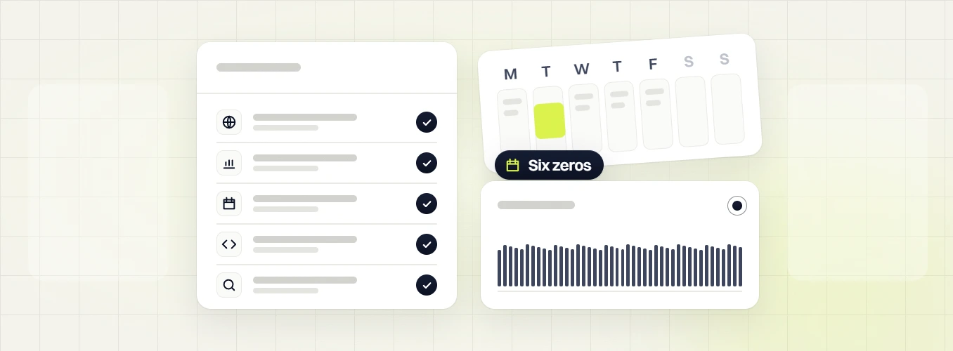 Small business website packages five checked items beside a calendar and uptime bars, six zeros