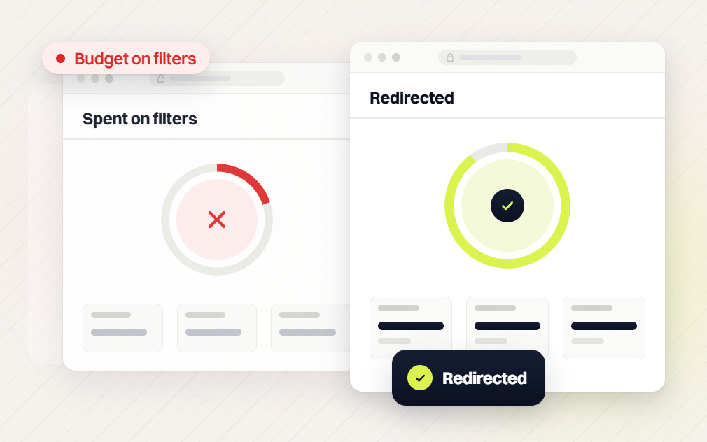 Technical SEO audit Spent on filters ring flagged budget on filters beside a Redirected ring with a check