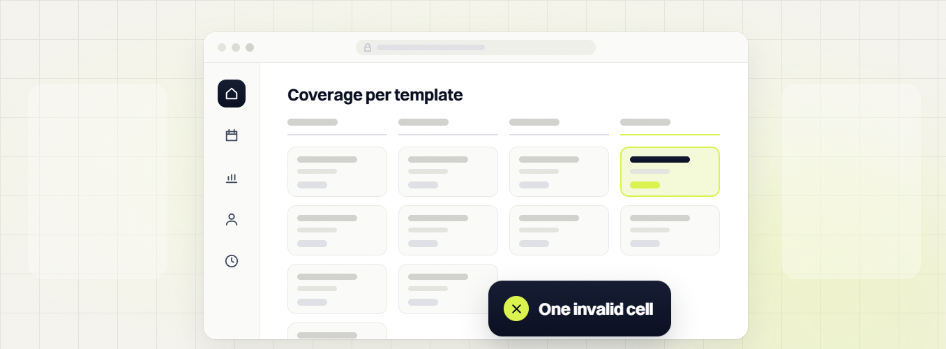 Technical SEO audit Coverage per template board with one highlighted card, one invalid cell