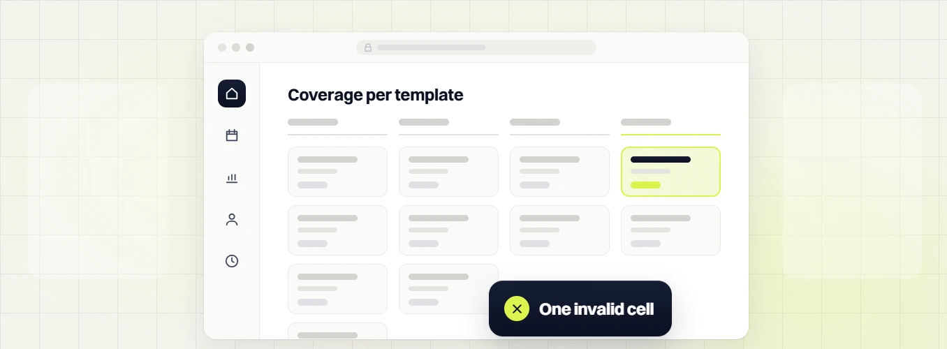 Technical SEO audit Coverage per template board with one highlighted card, one invalid cell