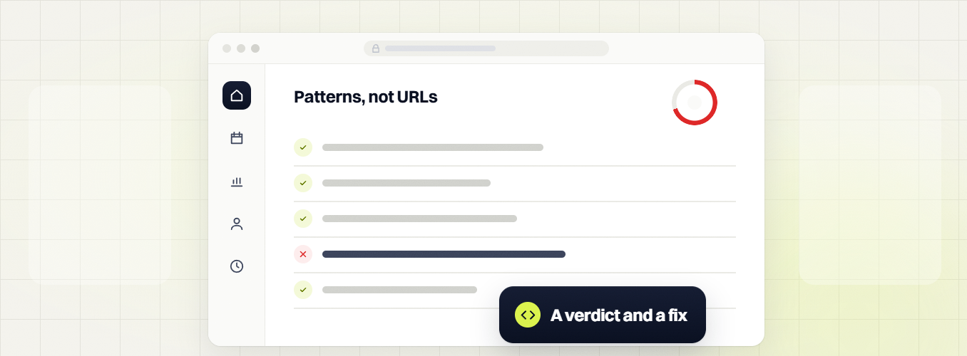 Technical SEO audit Patterns, not URLs checklist with one failed row and a red ring, a verdict and a fix