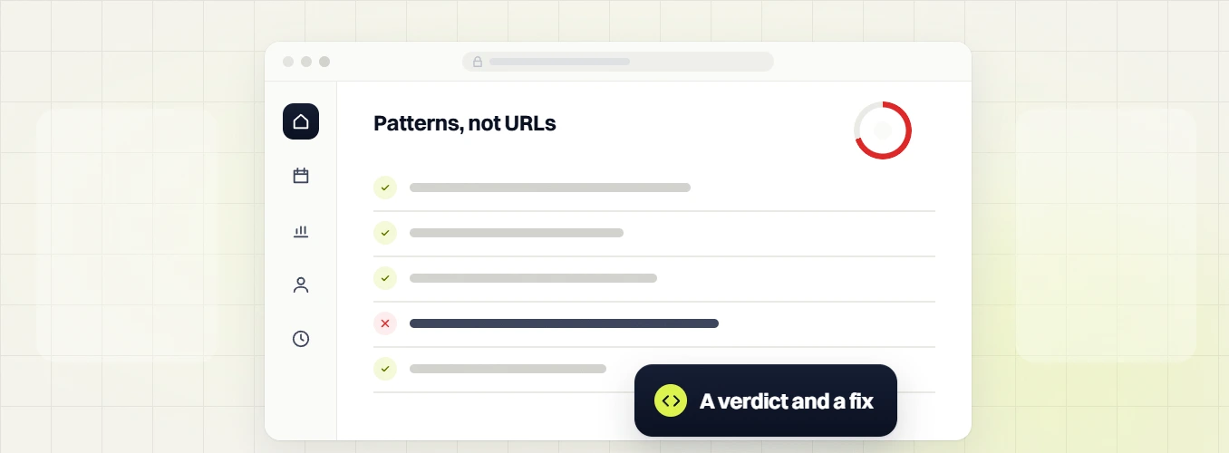 Technical SEO audit Patterns, not URLs checklist with one failed row and a red ring, a verdict and a fix