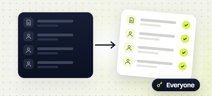 Technical SEO audit one document and three people rows moving to a checked list, everyone