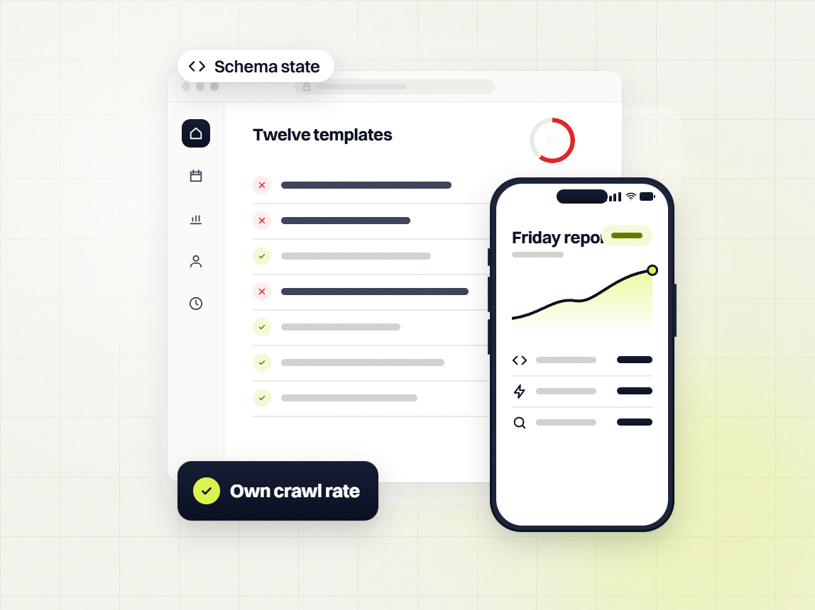 Technical SEO audit Twelve templates checklist beside a phone Friday report, schema state and own crawl rate