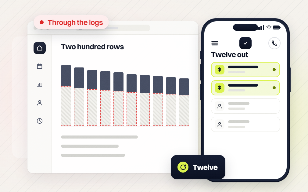 Technical SEO audit Two hundred rows bar chart flagged through the logs beside a phone Twelve out list