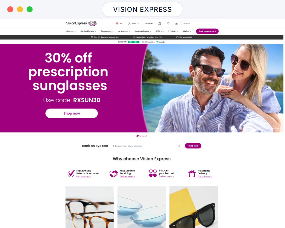 Vision Express website homepage in a browser window, a prescription sunglasses offer above eye exam booking and eyewear