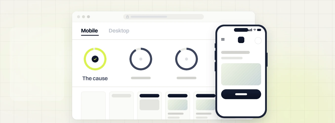 Website audit Mobile tab with a checked The cause ring and two score rings beside a phone page