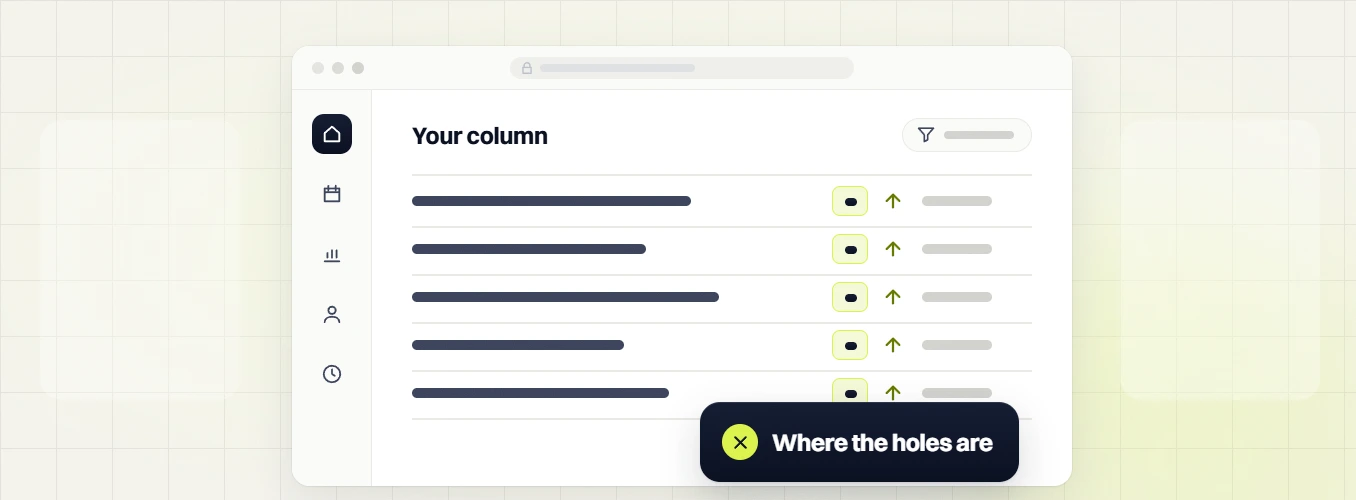 Website audit Your column table with five rows and upward arrows, where the holes are