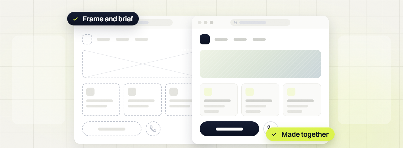 Website design and SEO packages dashed frame beside the finished page, frame and brief made together