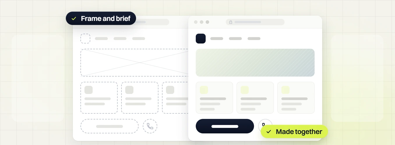 Website design and SEO packages dashed frame beside the finished page, frame and brief made together