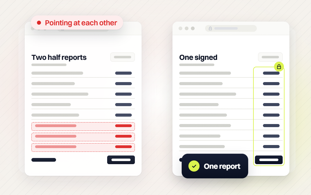 Website design and SEO packages Two half reports flagged pointing at each other beside a locked One signed