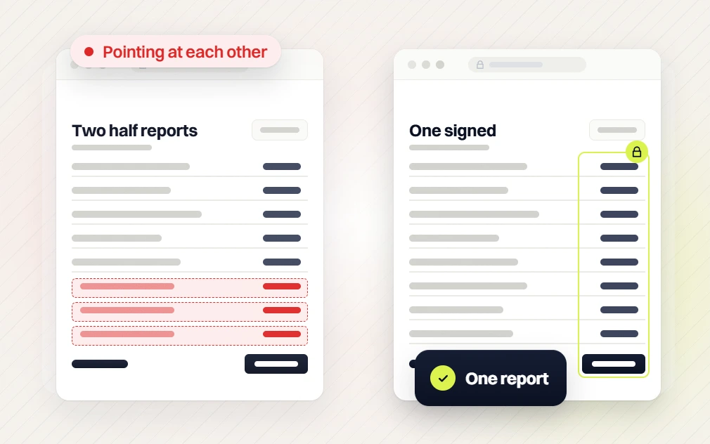 Website design and SEO packages Two half reports flagged pointing at each other beside a locked One signed