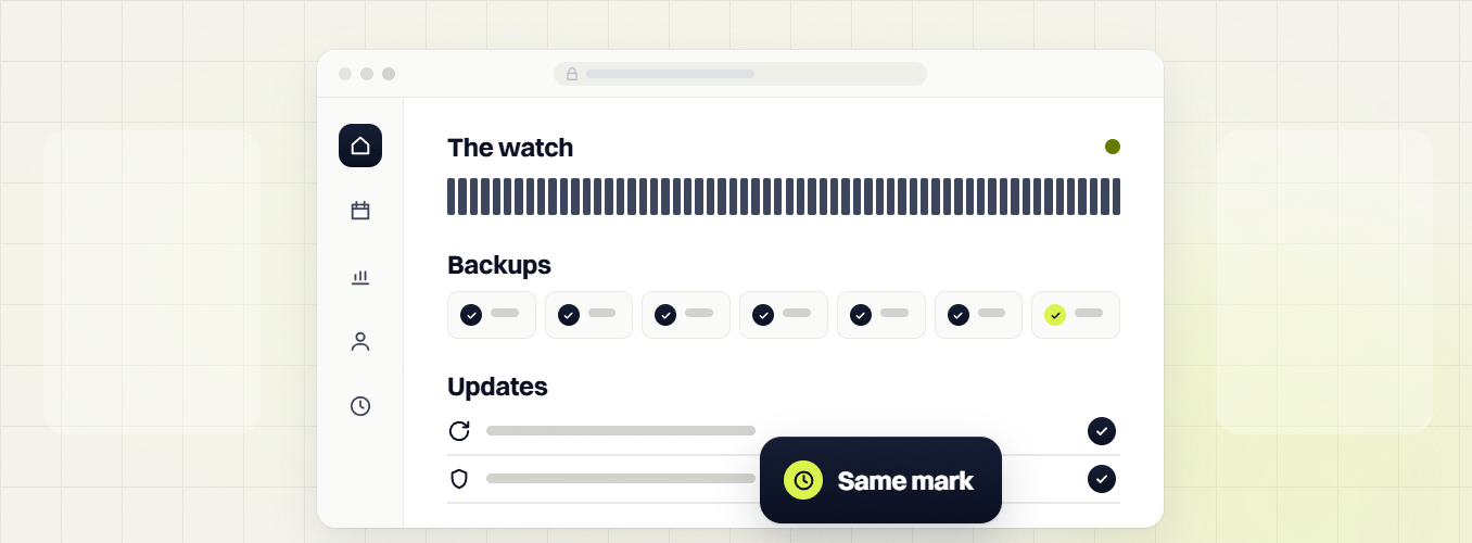 Website design and SEO packages The watch panel with seven checked backups and updates, same mark