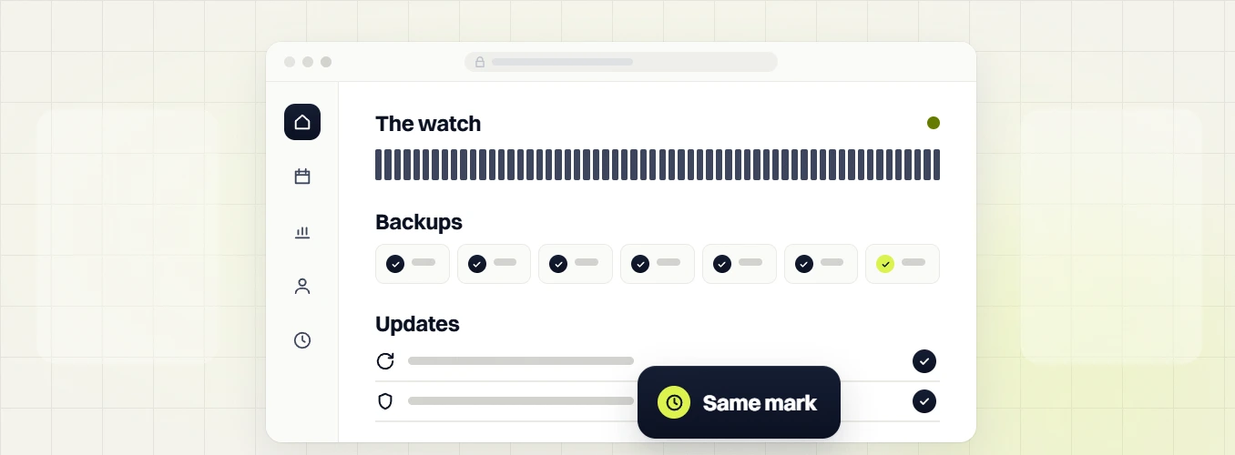 Website design and SEO packages The watch panel with seven checked backups and updates, same mark