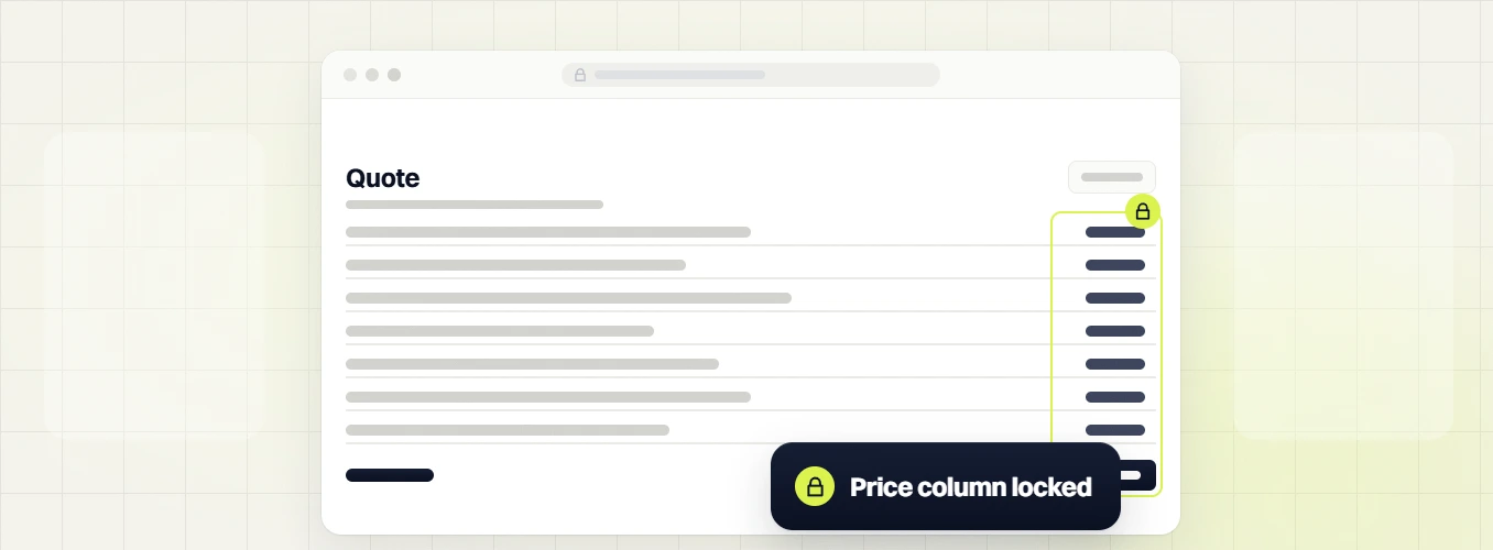 Website design packages quote sheet with every line item priced and the price column locked