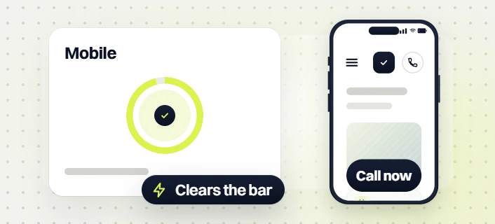 Website design packages mobile speed score that clears the bar, beside a phone with a call now button