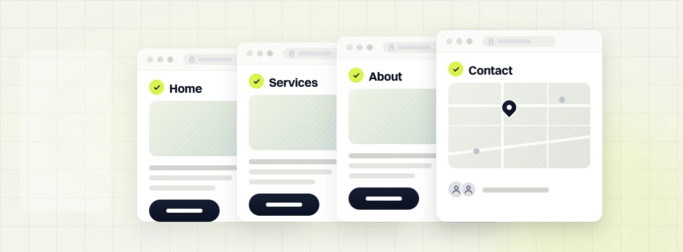 Website design packages page set with Home, Services, About and Contact pages each checked off