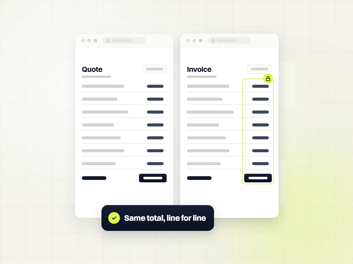 Website design packages quote and invoice side by side, with the price column locked and the same total line for line