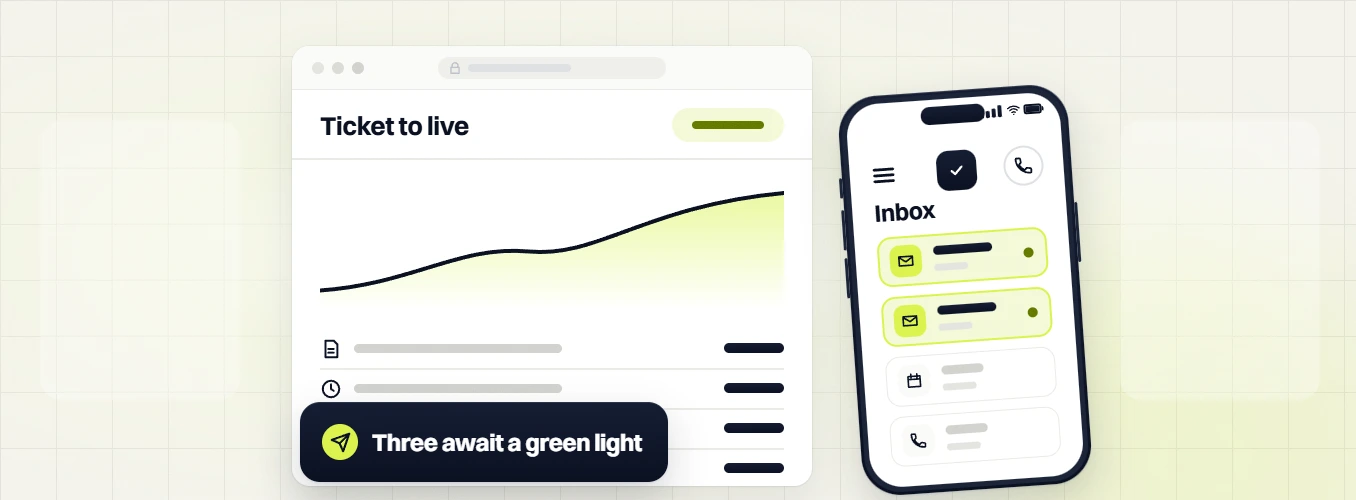 Website maintenance packages Ticket to live chart with a Three await a green light badge beside a phone inbox