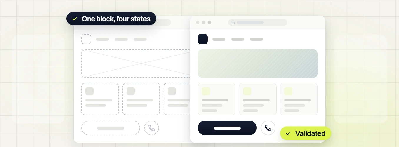 WordPress website development services dashed block layout beside the finished page, validated
