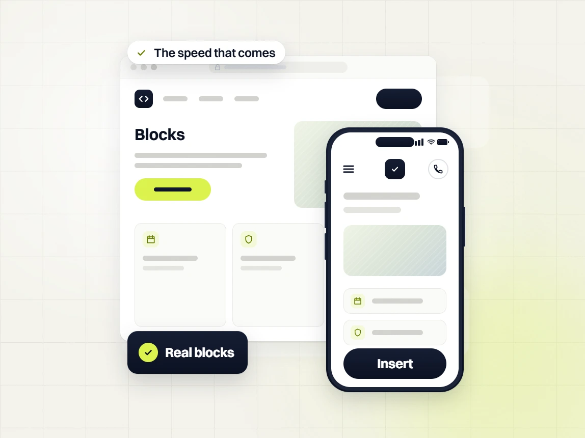 WordPress website development services Blocks page beside a phone with an Insert button, real blocks